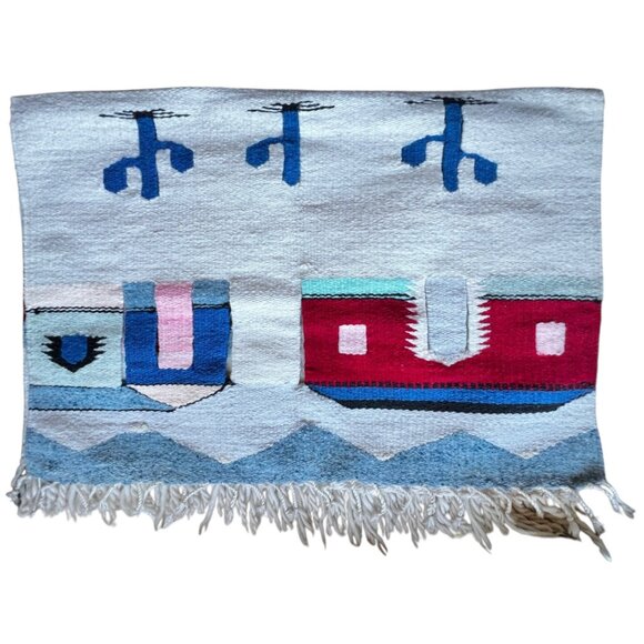 Handwoven Cotton Wool Southwestern-Style Wall Hanging Or Rug With Cactus & Villa - Picture 4 of 10